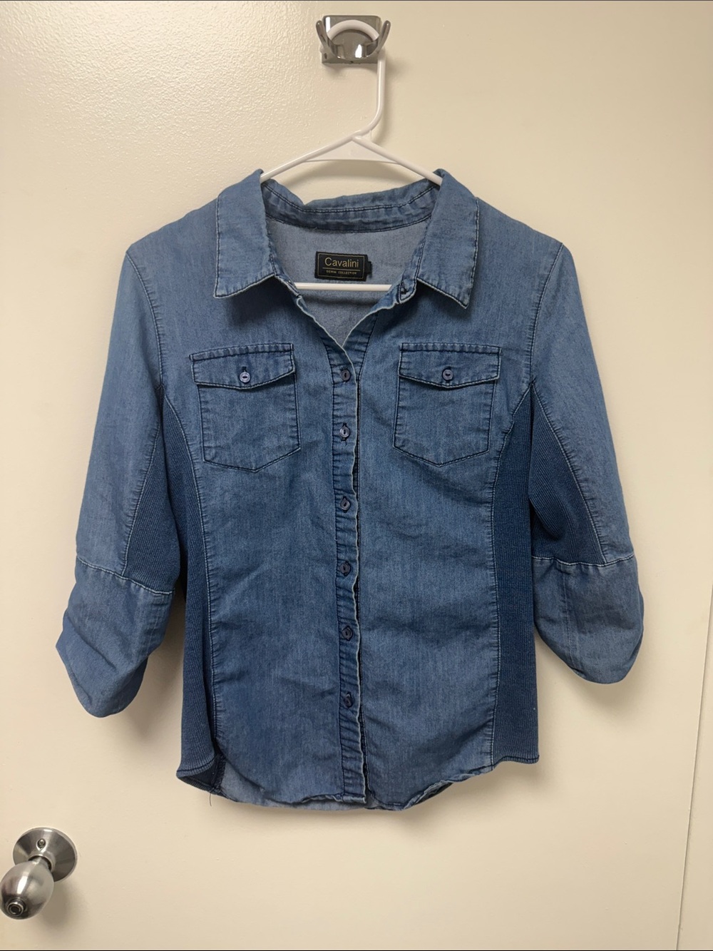 Cavalini Two-Tone Denim Shirt — Light Blue & Dark Blue